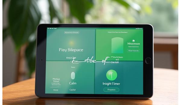 Schermate comparative di diverse app di meditazione su un tablet, circondate da elementi naturali.