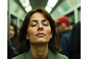 Persona adulta che medita tranquillamente in un ambiente di trasporto pubblico affollato, simboleggiando la pace interiore.