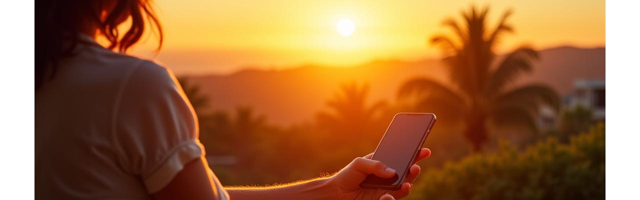 Persona adulta che guarda un tramonto, con il telefono spento accanto, simboleggiando la disconnessione digitale.