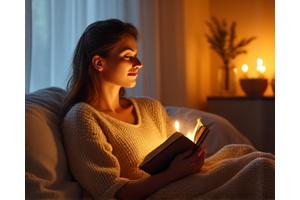 Interno accogliente con luci soffuse, una donna adulta rilassata che legge un libro prima di dormire.