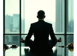 Dirigente adulto in un ufficio moderno che pratica una breve sessione di mindfulness per la leadership.