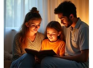 Genitori adulti sorridenti che leggono con i figli adolescenti, in un contesto familiare sereno.