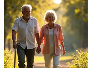 Una coppia adulta serena che cammina in un parco, godendosi la transizione verso il pensionamento.