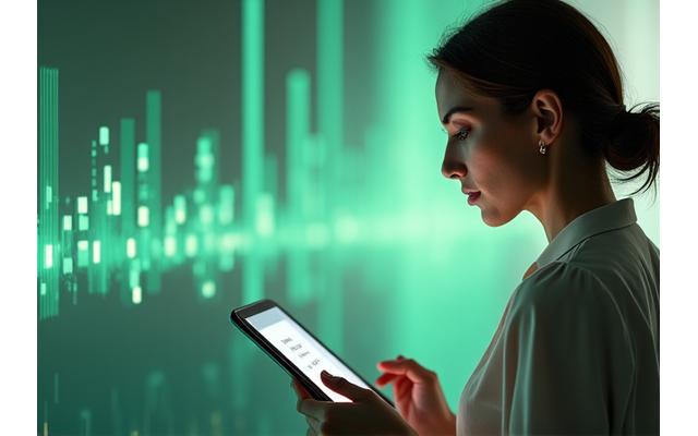 Donna adulta serena che completa un quiz digitale sul suo tablet, con grafici e dati astratti che fluttuano in sottofondo.