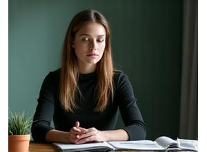Professionista adulto sereno che lavora in un ambiente ordinato, simboleggiando la gestione dello stress.