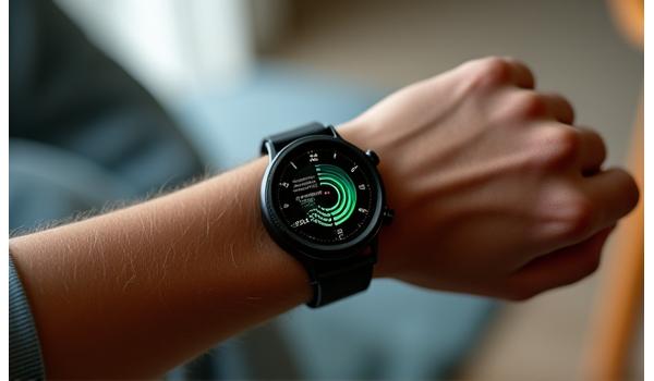 Polso con uno smartwatch che mostra grafici e dati di monitoraggio dello stress, in un ambiente rilassante.