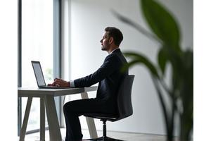 Uomo seduto alla scrivania che chiude gli occhi per una breve meditazione, mostrando calma e focus.