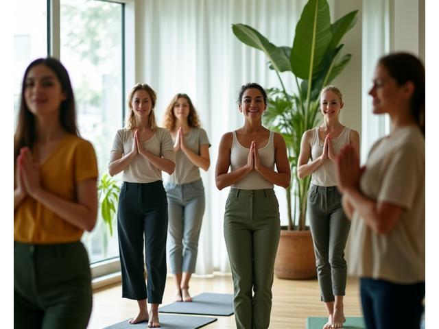 Team di professionisti sorridenti che partecipano a un workshop di mindfulness in un ufficio moderno e luminoso.