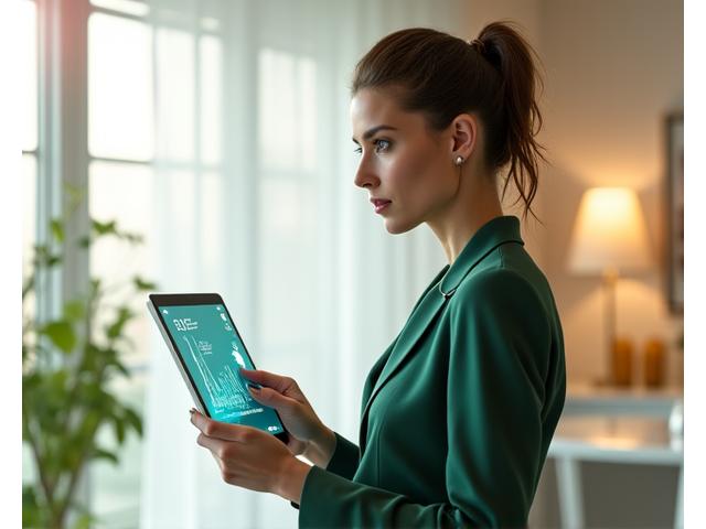 Donna adulta sofisticata che utilizza un tablet per monitorare parametri di benessere in un ambiente moderno e luminoso, simbolo di biohacking sicuro e scienza applicata per adulti. Eco Alata.