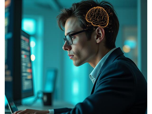 Professionista adulto concentrato che lavora su un compito complesso, con elementi visuali che suggeriscono connettività neurale e potenziamento. Eco Alata.