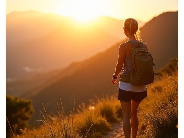 Donna adulta energica che fa escursioni in montagna, simboleggiando vitalità e longevità. Eco Alata.