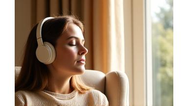 Persona rilassata con cuffie da meditazione, in un ambiente domestico accogliente, con tecniche biohacking.