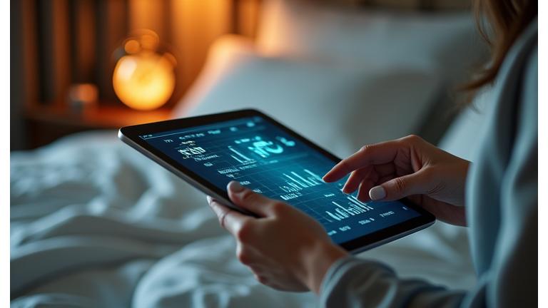 Mani che tengono un tablet con grafici sul sonno e una tazza di tè, con un orologio sullo sfondo