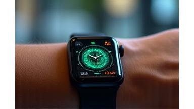 Smartwatch di ultima generazione al polso di una persona che monitora dati vitali, con icone di statistiche della salute sullo sfondo.
