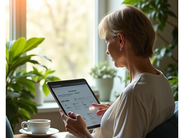 Donna serena che legge una guida digitale sulla salute su un tablet, circondata da piante e luce naturale