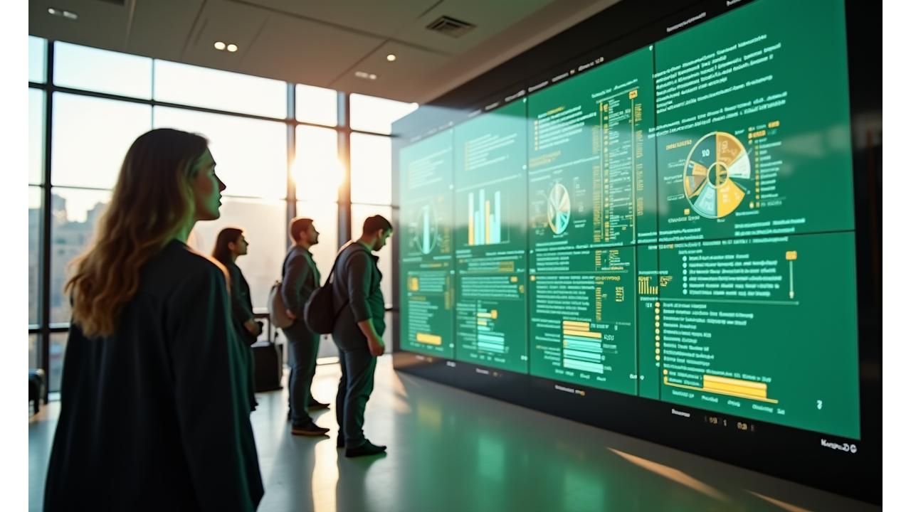 Un team diversificato di professionisti di Eco Alata collabora dinamicamente in un moderno spazio di lavoro illuminato, con grafici e schermi digitali sullo sfondo che mostrano dati sul benessere e interfacce utente eleganti. Questo ritrae l'unione di passione italiana e innovazione tecnologica.