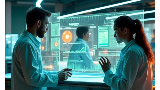 Immagine di un moderno laboratorio di ricerca con scienziati che lavorano su schermi di computer, analizzando dati complessi relativi al benessere digitale in un ambiente pulito e high-tech.