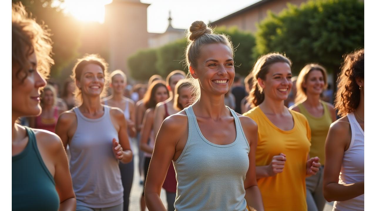 Diverse persone di diverse fasce d'età che partecipano attivamente a un workshop sul benessere all'aperto a Roma, magari in un parco pubblico, con uno sfondo che mostra la città e un senso di comunità e apprendimento condiviso. L'atmosfera è inclusiva e gioiosa.