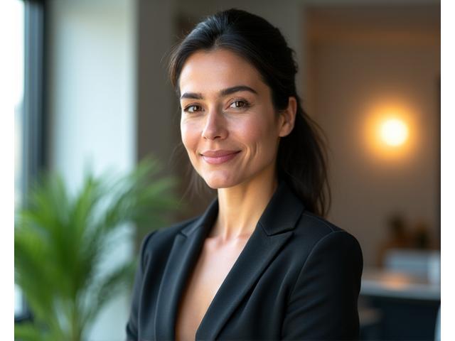 Ritratto professionale di Elena Rossi, CEO e Fondatrice di Eco Alata, una donna italiana di 40 anni serena e risoluta. Ha i capelli scuri raccolti e indossa un blazer elegante. Lo sfondo è un ufficio moderno con piante e elementi di design minimalista, catturando un'atmosfera di leadership innovativa.