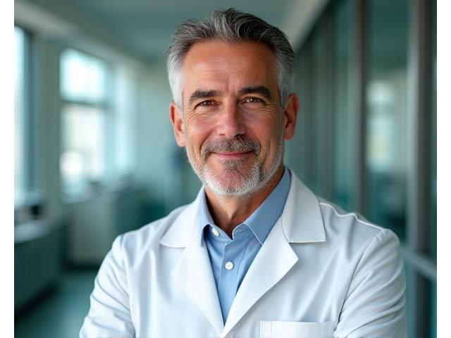 Ritratto professionale del Dott. Marco Bianchi, Chief Medical Officer di Eco Alata, un uomo italiano di 50 anni con sguardo competente e rassicurante. Indossa un camice medico e lo sfondo sfocato suggerisce un ambiente di ricerca o clinico. L'immagine trasmette autorità medica e dedizione alla scienza.