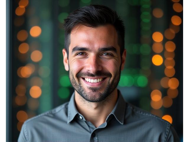 Ritratto professionale di Luca Marino, Head of Technology di Eco Alata, un uomo italiano di 35 anni con uno sguardo intelligente e un sorriso accogliente. Indossa una camicia casual ma elegante e lo sfondo mostra linee di codice stilizzate o un hardware futuristico, simboleggiando la sua competenza tecnologica avanzata.