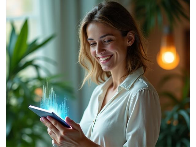 Donna sorridente che usa un tablet con foglie digitali sullo sfondo, rappresenta la connessione e la tecnologia wellness di Eco Alata.