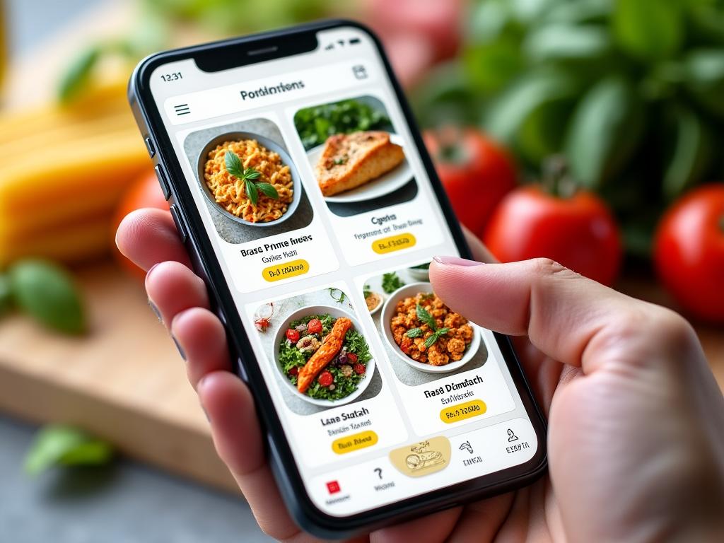 Interfaccia di un'app per la pianificazione dei pasti che mostra ricette italiane sane e bilanciate, con ingredienti freschi di stagione e una lista della spesa generata automaticamente.