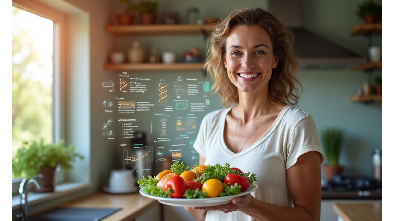 Donna sorridente che prepara un pasto sano, con grafici nutrizionali e dati digitali olografici intorno a lei, che evidenziano la personalizzazione e la tecnologia