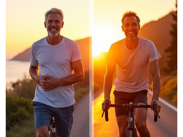 Marco prima e dopo il percorso, ora energico e sorridente in bicicletta, con didascalia che mostra progressi.