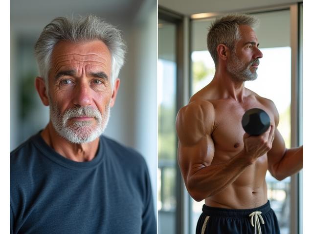 Roberto prima e dopo il percorso, ora forte in palestra, con didascalia che mostra progressi.