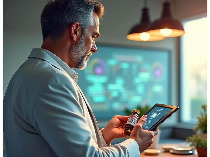 Uomo sopra i 40 che maneggia integratori alimentari in un ambiente cucina moderno, con schermo digitale che mostra profilattico analisi per biomarker e raccomandazioni personalizzate.