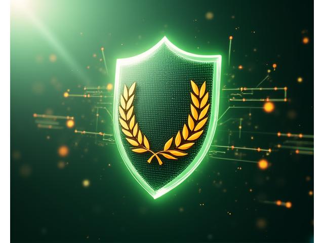 Concetto astratto di protezione dei dati con scudo digitale e foglie di alloro dorate, simbolo della compliance GDPR.