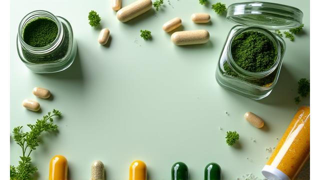 Illustrazione di diversi integratori alimentari e capsule, con icone esplicative.