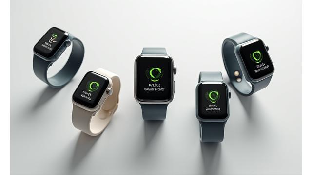 Illustrazione di diverse smartband e smartwatch al polso, con dati sullo schermo.
