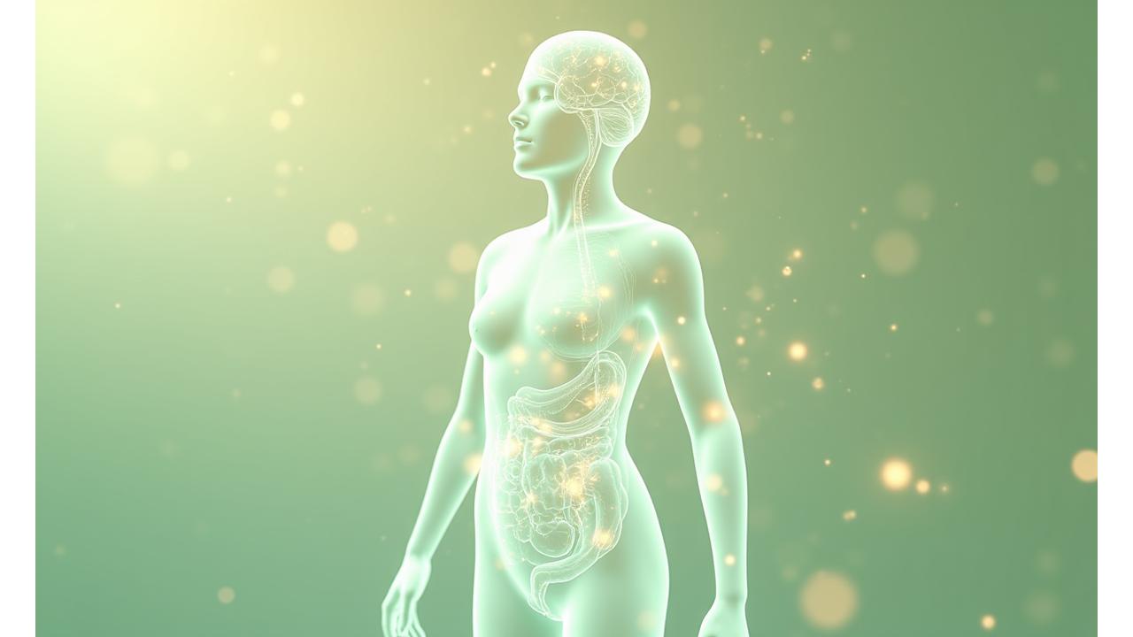 Illustrazione sofisticata e astratta di fibre nervose stilizzate che si estendono dal cervello al sistema digestivo, con punti luce che simboleggiano la trasmissione di segnali tra i due. Colori predominanti: verde acqua, blu tenue e accenti arancioni. Atmosfera serena e scientifica.
