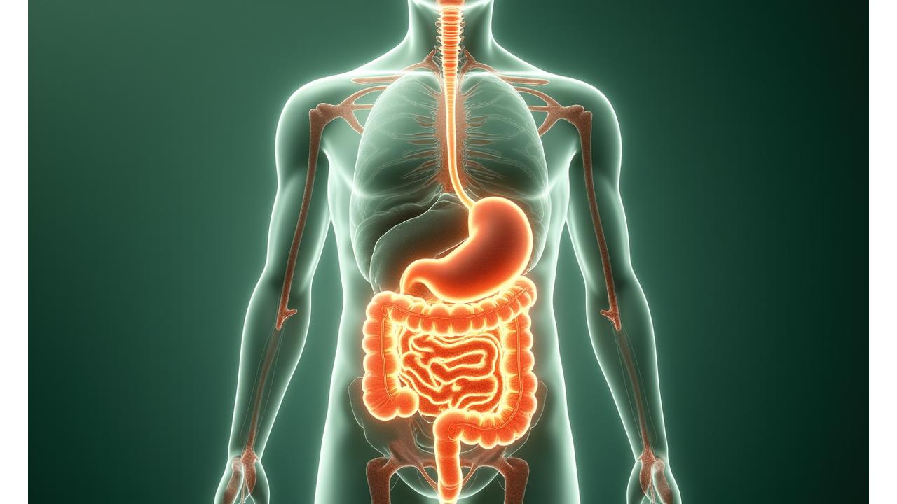 Visualizzazione di un corpo umano con un focus sul sistema digestivo, illuminato da una rete neurale stilizzata che collega l'intestino al cervello, su uno sfondo verde acqua e arancione tenue, che simboleggia la connessione intestino-cervello e la complessità del microbioma.