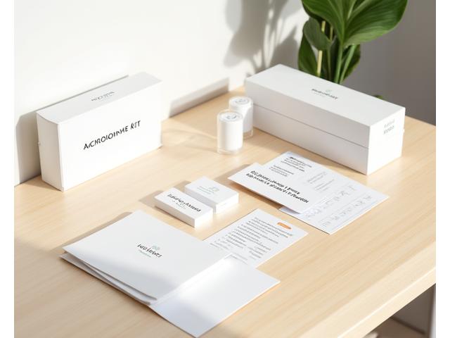 Un kit per il prelievo di campioni a casa, elegante e pulito, con provette e istruzioni chiare, su un tavolo di legno chiaro.