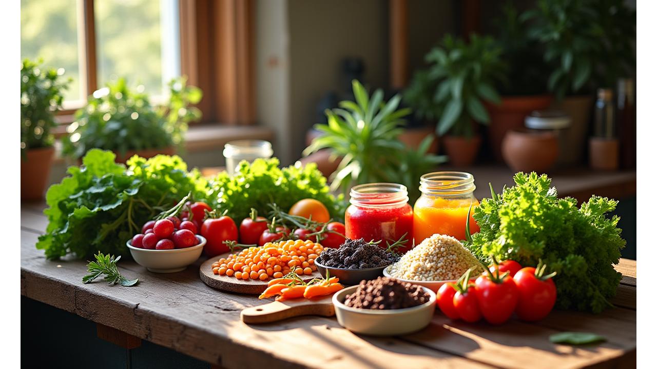 Un tavolo da cucina rustico e accogliente con un'abbondanza di alimenti freschi e sani: verdure colorate, frutta, legumi, cereali integrali e cibi fermentati come yogurt e kimchi, rappresentando una dieta ricca per il microbioma. La luce calda del sole illumina la scena.