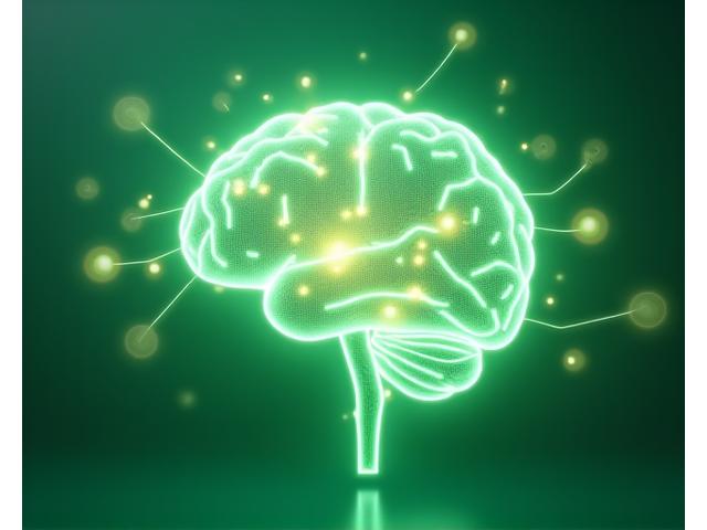 Visualizzazione stilizzata di un cervello umano stilizzato con flussi di dati luminosi che lo avvolgono, simboleggiando l'analisi predittiva dell'IA.
