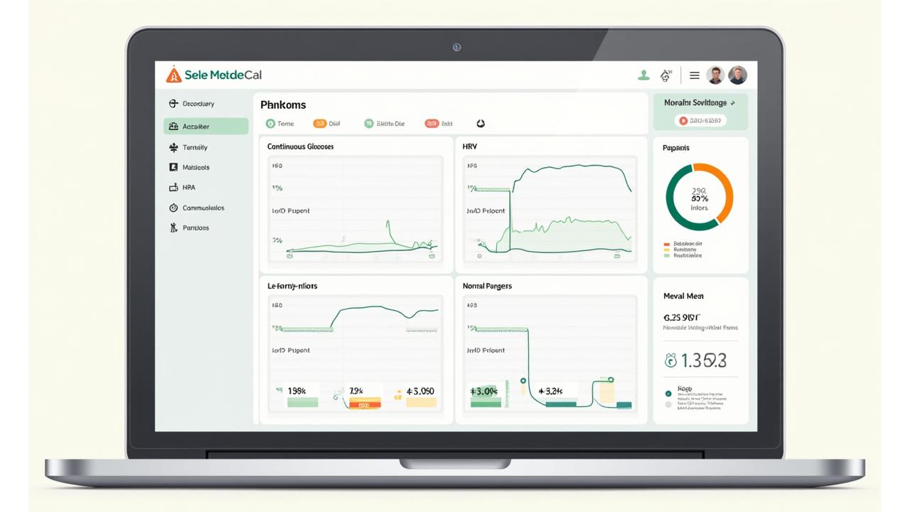 Una dashboard digitale luminosa che mostra grafici di tendenza di diversi biomarker come glucosio, HRV e pattern di sonno.