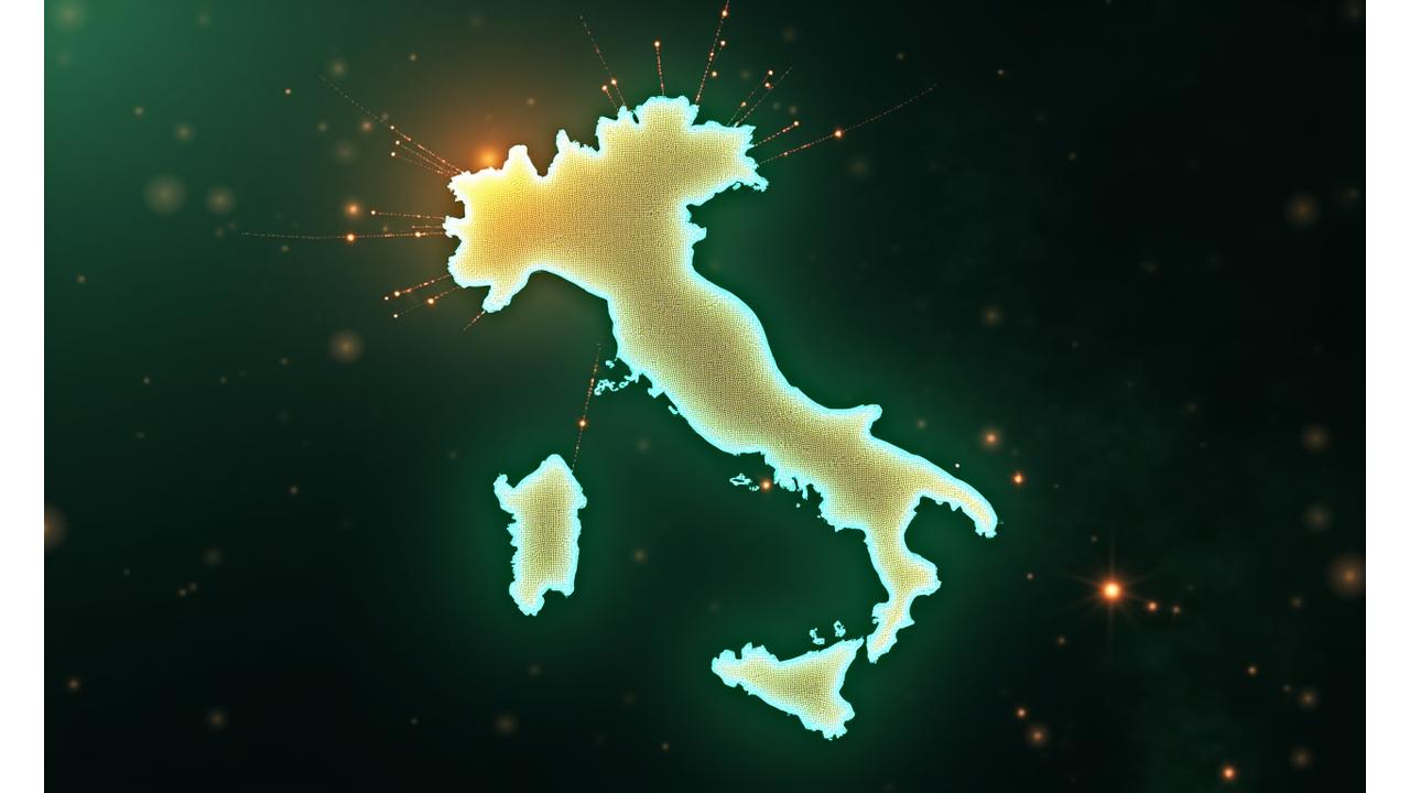 Una mappa futuristica e stilizzata dell'Italia illuminata con nodi e linee che rappresentano una rete di innovazione healthtech e collaborazioni.