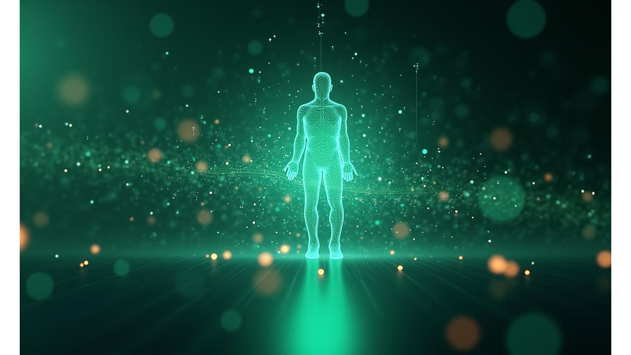 Un ologramma futuristico che mostra dati vitali e connessioni reticolari, simbolo della tecnologia predittiva per la salute.