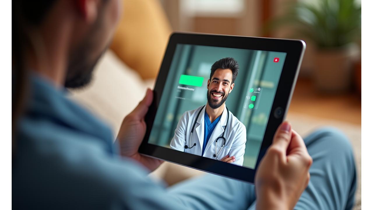 Un'interfaccia utente di telemedicina mostrata su un tablet, con un medico che consulta un paziente via video, sullo sfondo sfuocato.