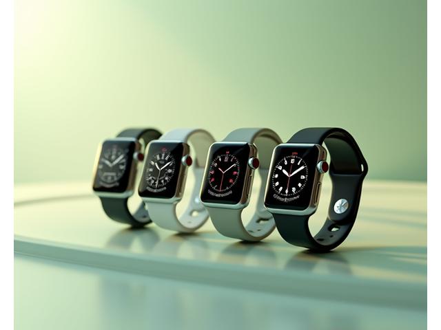 Primi piani di diversi smartwatch moderni su un tavolo, che mostrano interfacce di monitoraggio della salute.